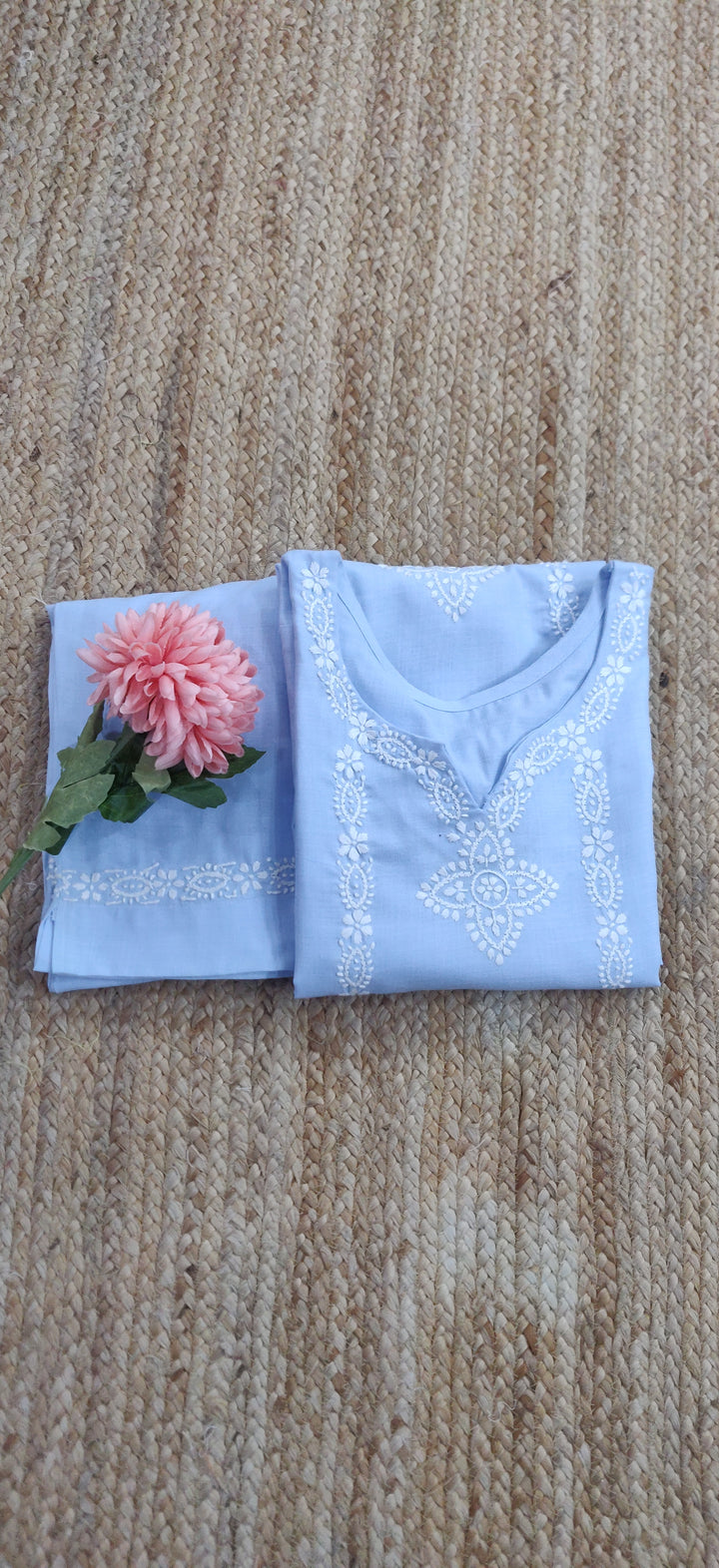 Linen Cotton Sky Blue Chikankari CO-ORD Set