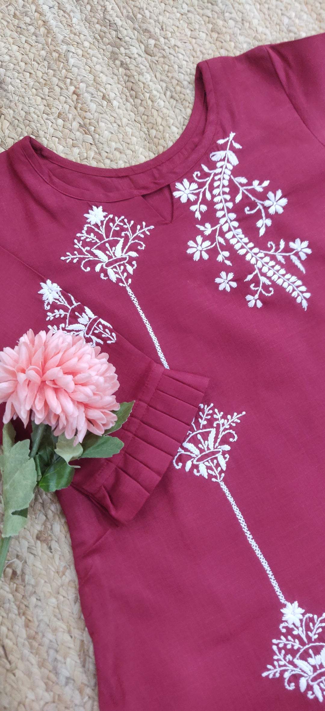 Linen Cotton Maroon Chikankari Co-ord Set