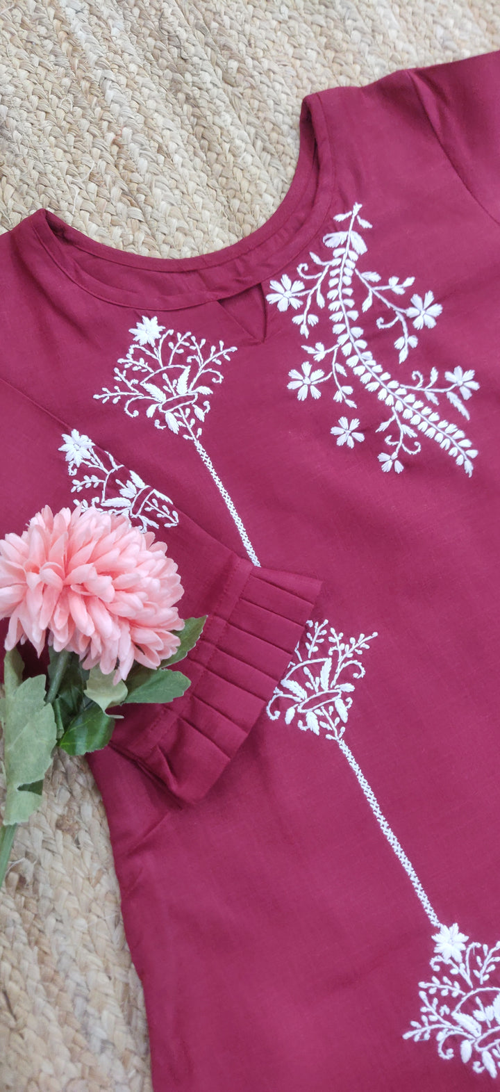 Linen Cotton Maroon Chikankari Co-ord Set