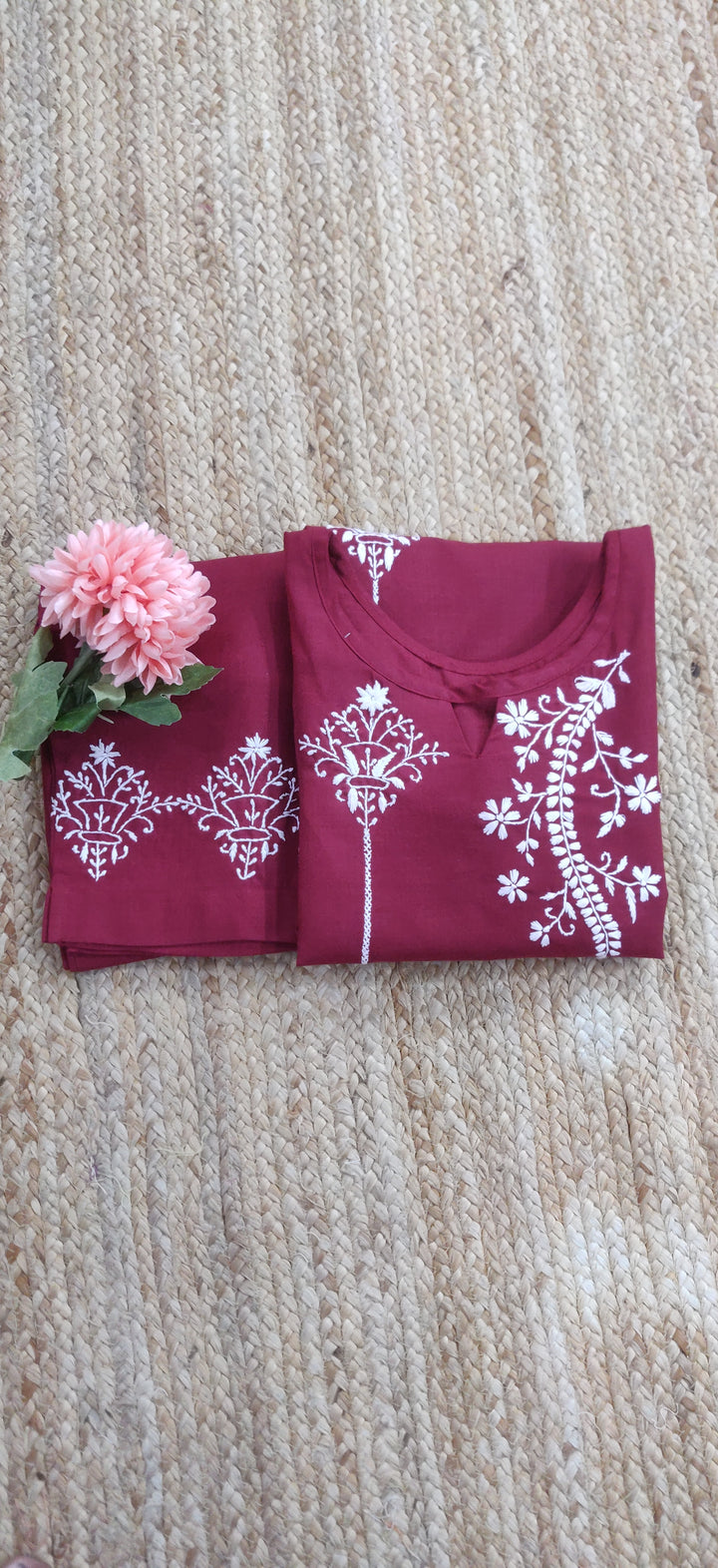 Linen Cotton Maroon Chikankari Co-ord Set