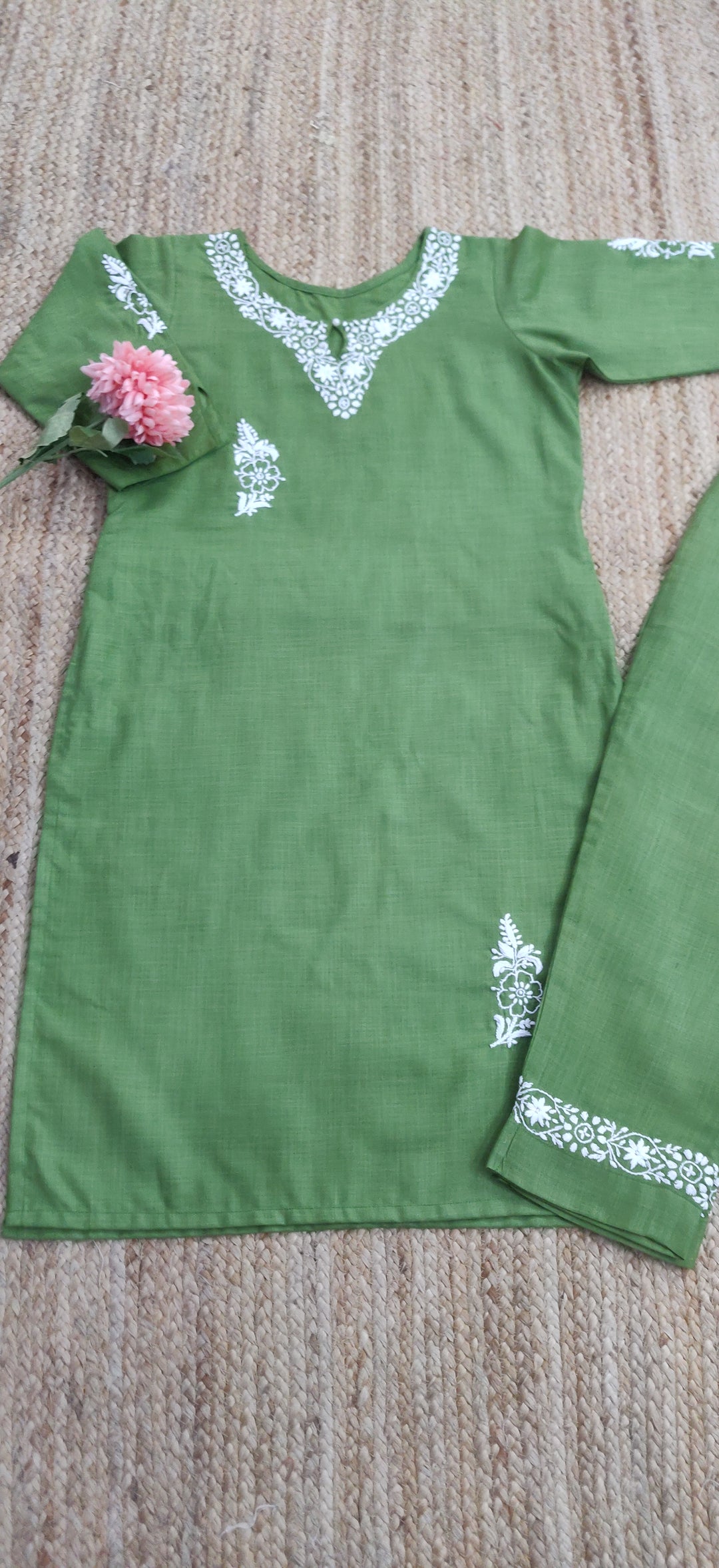 Linen Cotton green Chikankari Co-ord Set