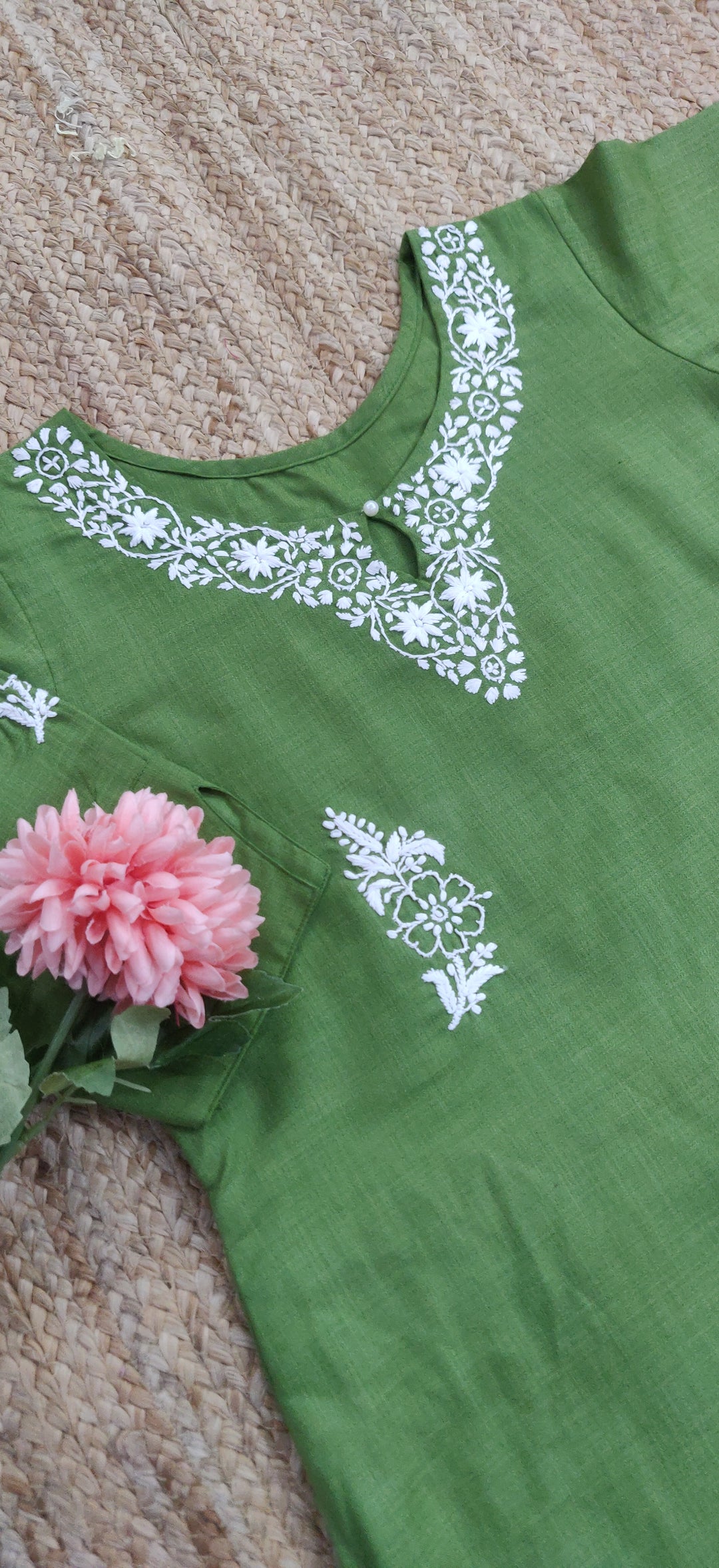Linen Cotton green Chikankari Co-ord Set