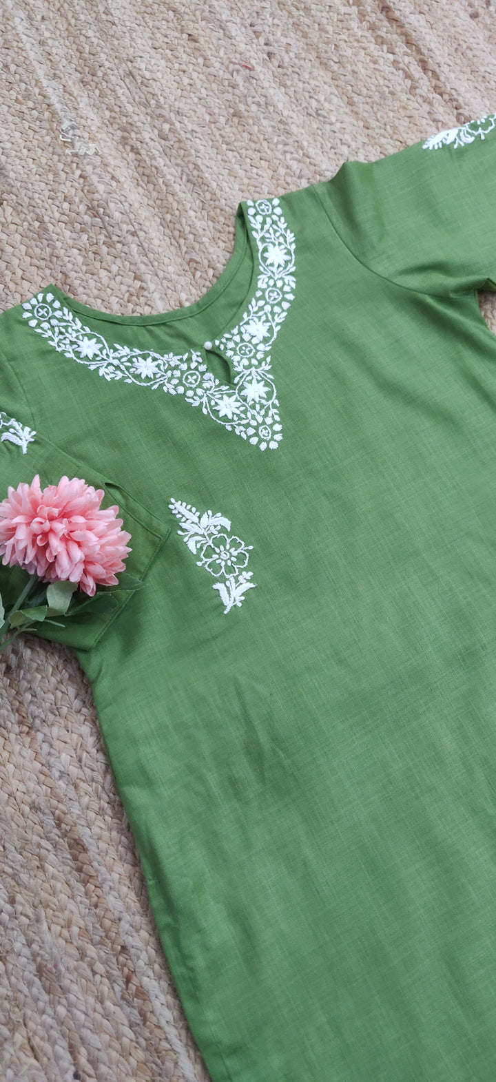 Linen Cotton green Chikankari Co-ord Set
