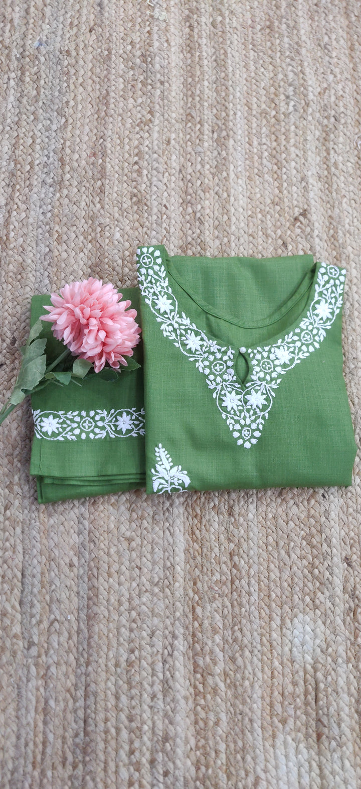 Linen Cotton green Chikankari Co-ord Set