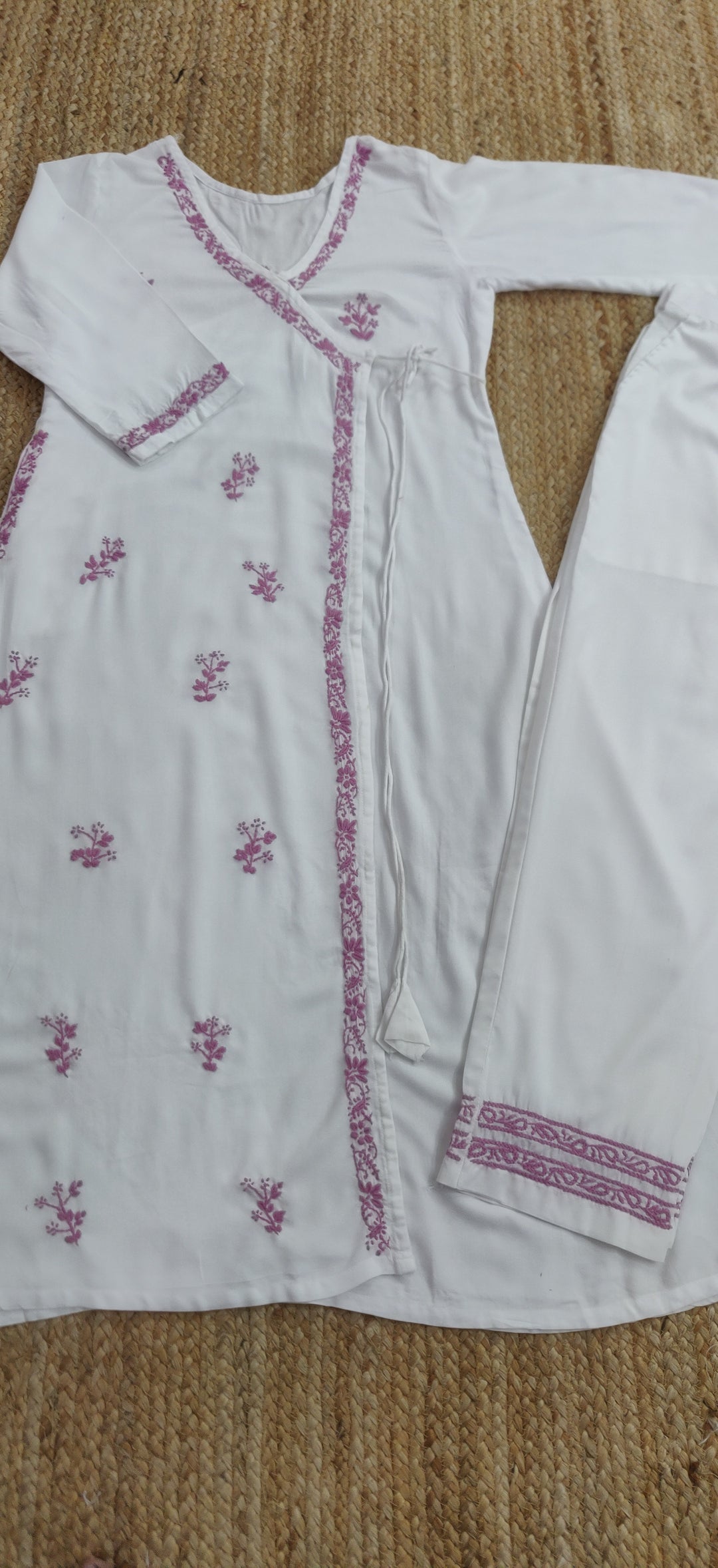 White Rayon  Chikankari Angrakha kurta With Pant Set- Custom Made