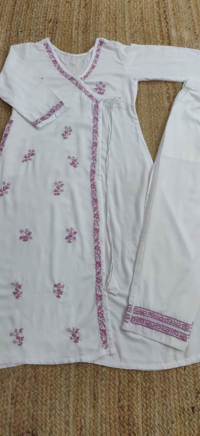 White Rayon  Chikankari Angrakha Set- Custom Made