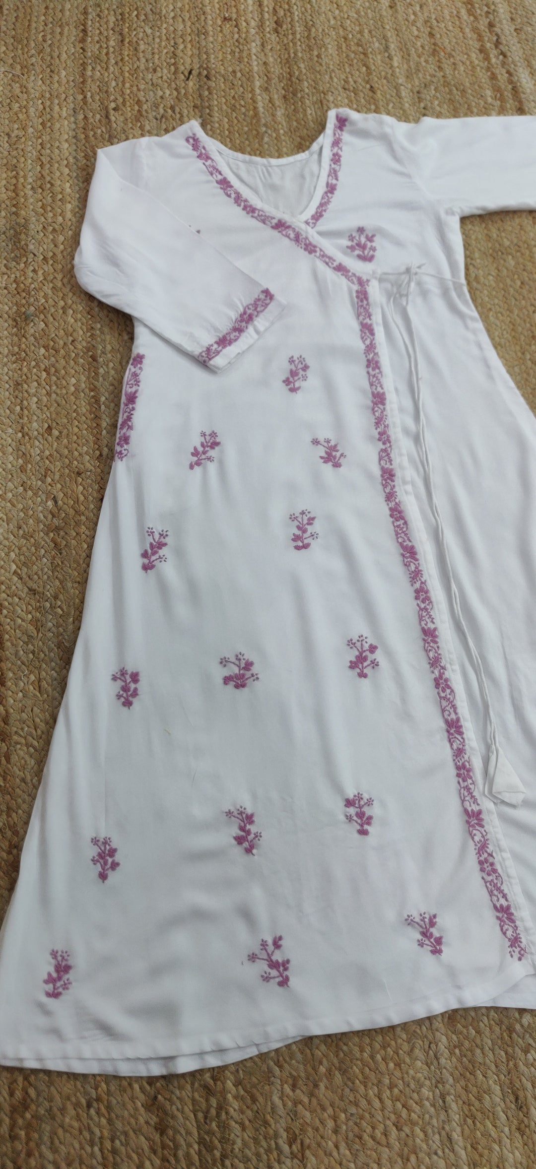 White Rayon  Chikankari Angrakha kurta With Pant Set- Custom Made