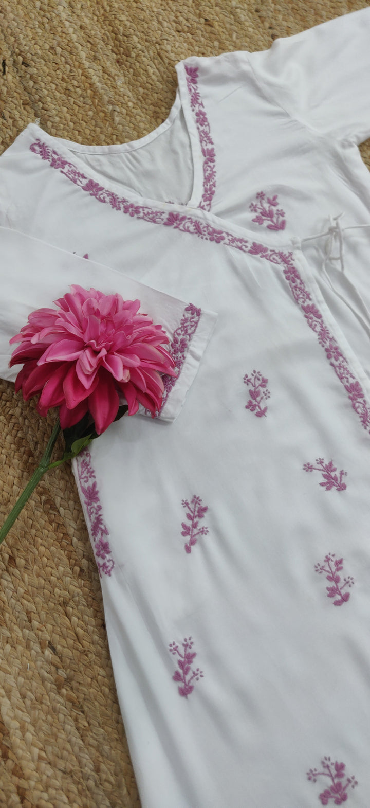 White Rayon  Chikankari Angrakha kurta With Pant Set- Custom Made