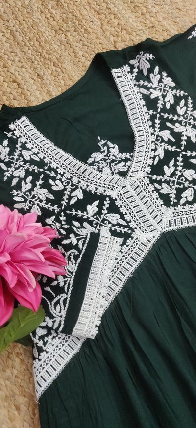 Dark Green Rayon Chikankari Alia Set