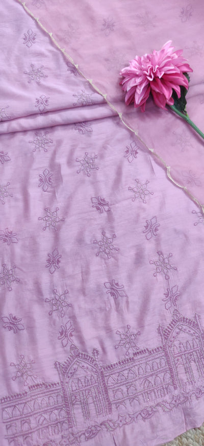 Mauve Chanderi Chikankari Kurta Dupatta fabric