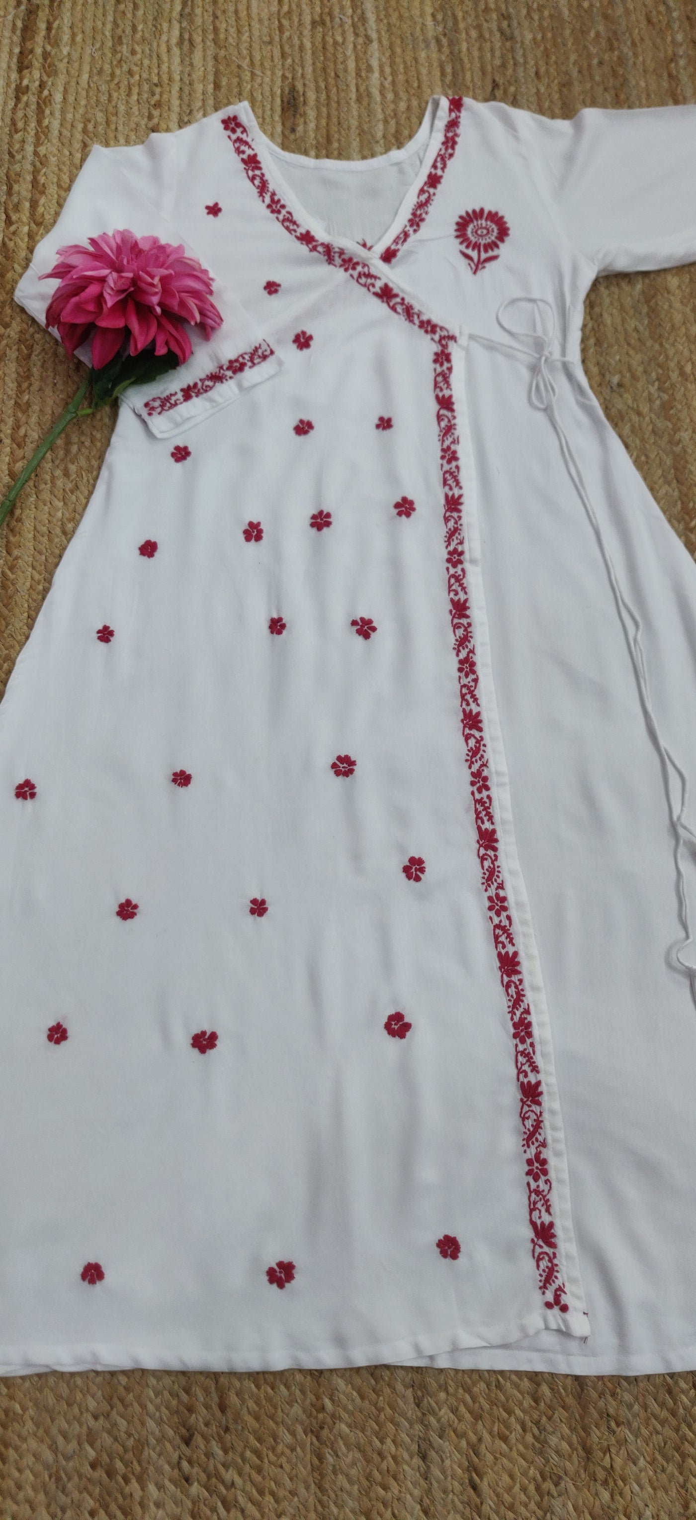 White Rayon Chikankari Angrakha Kurta -Custom Made