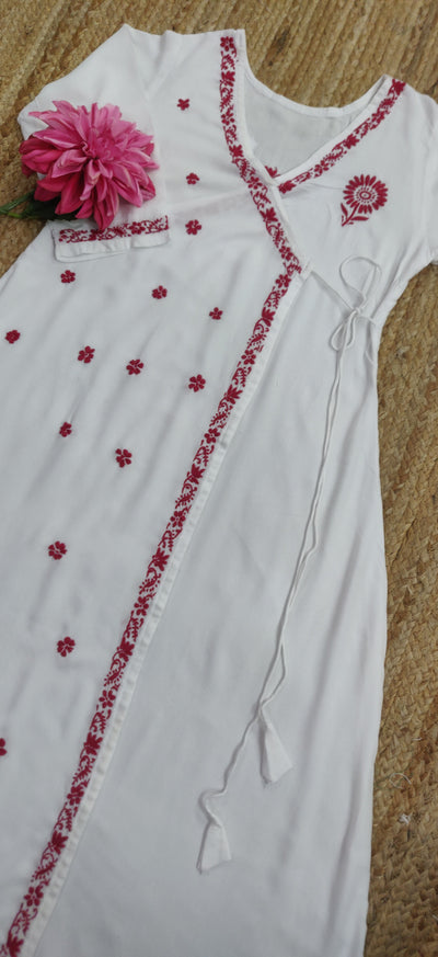 White Rayon Chikankari Angrakha Kurta -Custom Made