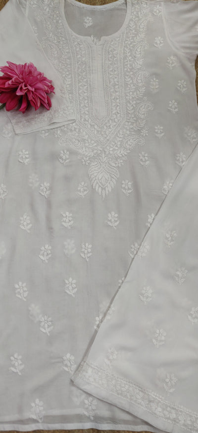 White Rayon Chikankari Kurta  Pant Set-Custom Made