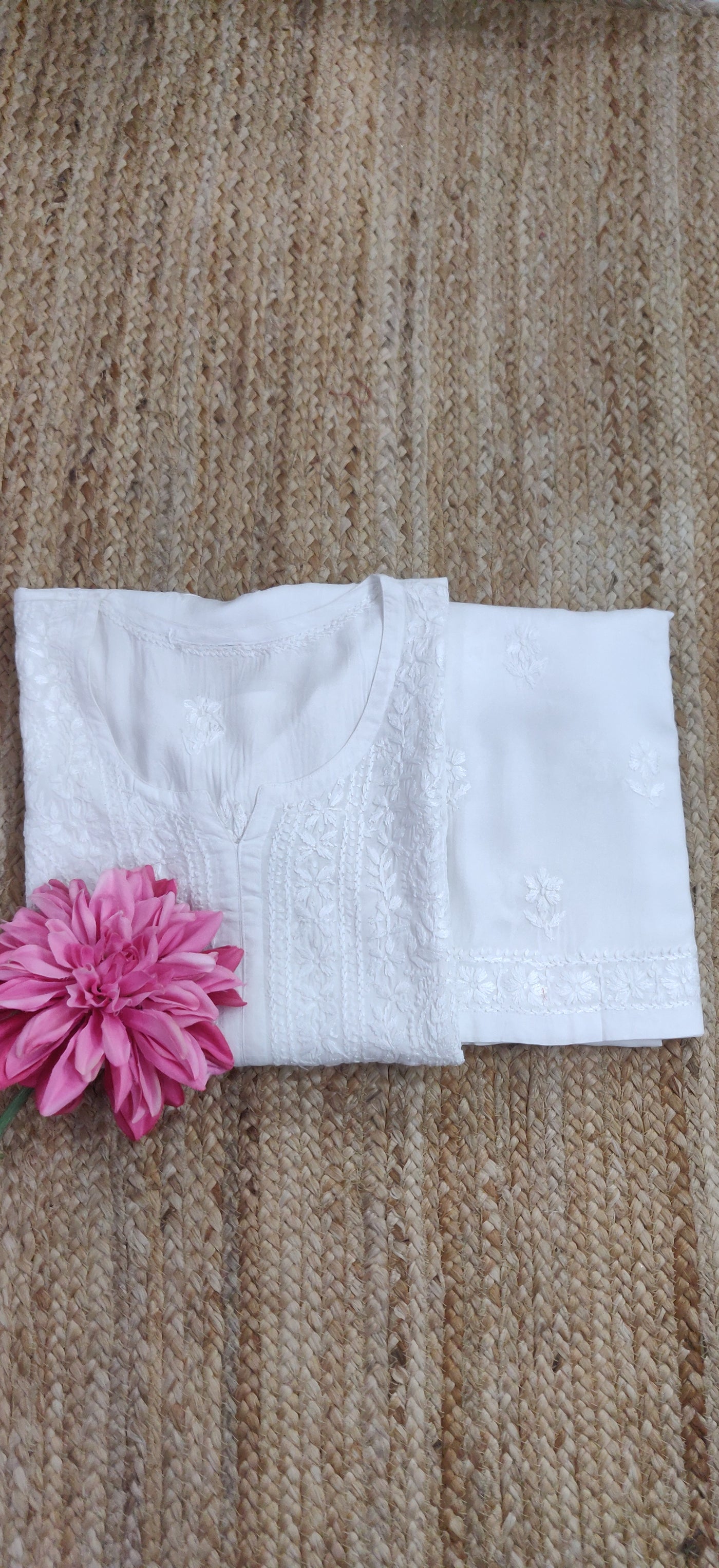 White Rayon Chikankari Kurta  Pant Set-Custom Made