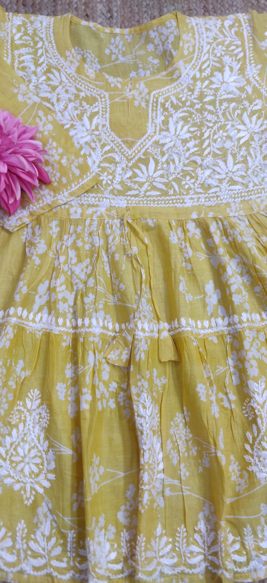 Yellow Printed Cotton Chikankari Short Kurta