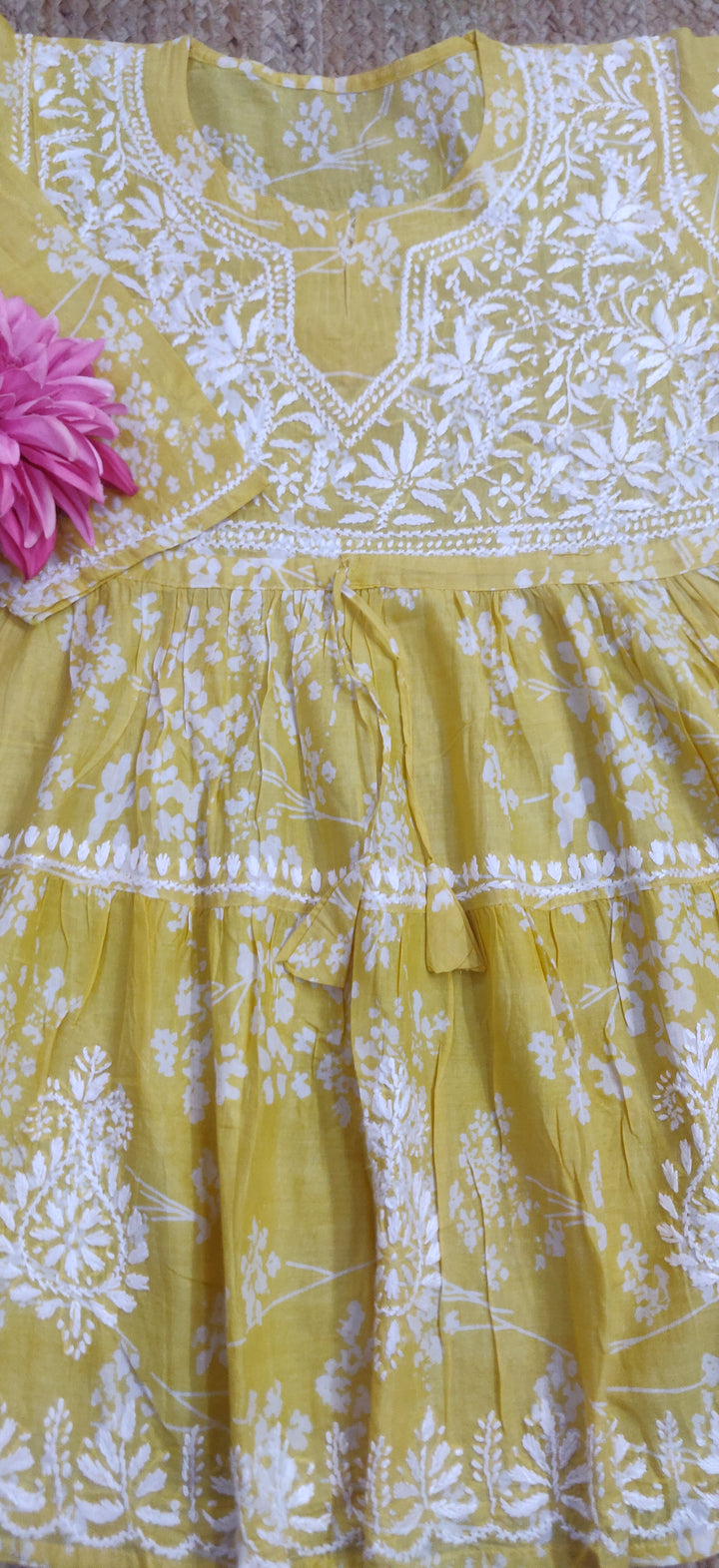 Yellow Printed Cotton Chikankari Short Kurta