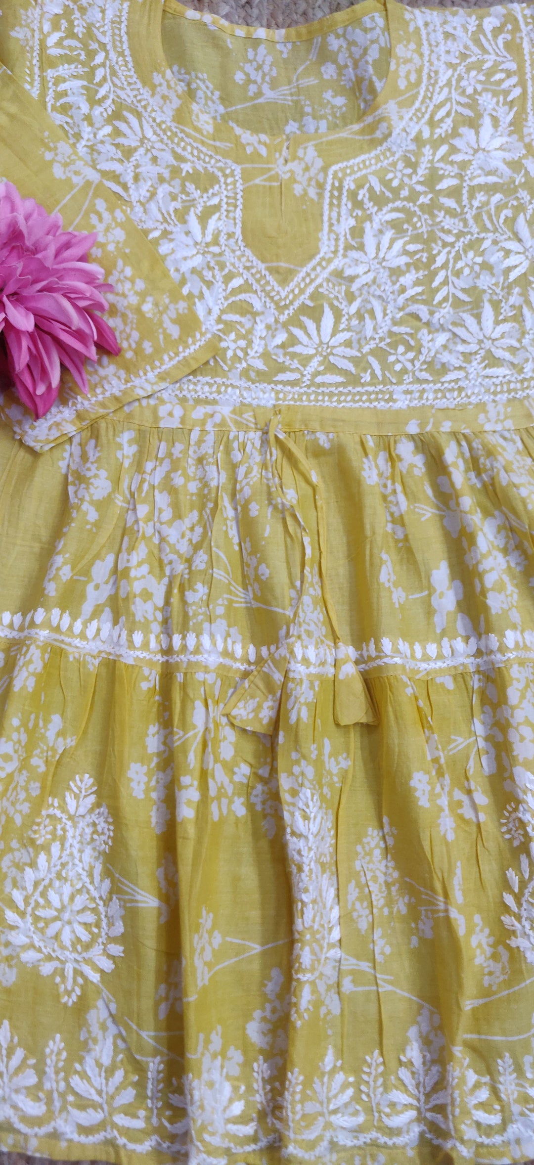 Yellow Printed Cotton Chikankari Short Kurta