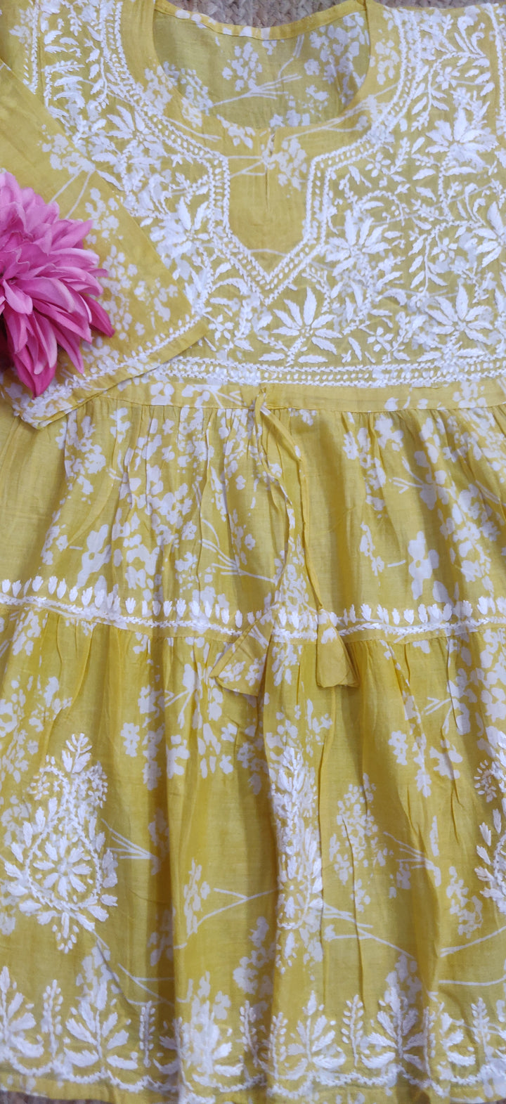 Yellow Printed Cotton Chikankari Short Kurta