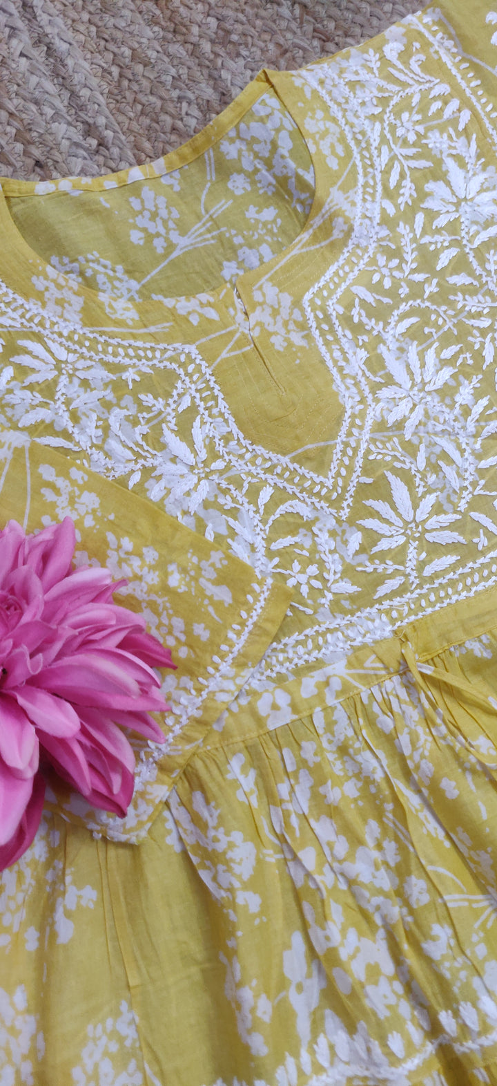 Yellow Printed Cotton Chikankari Short Kurta