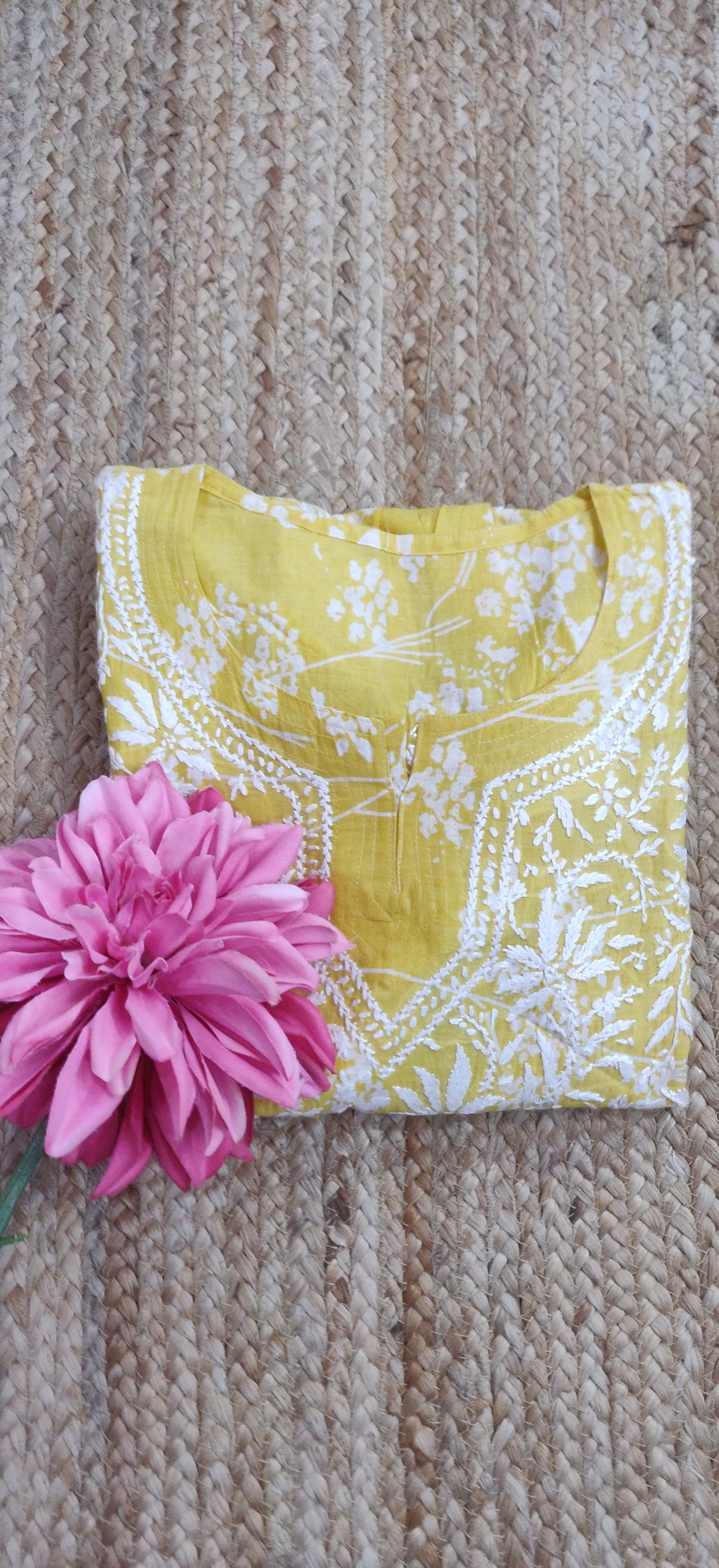 Yellow Printed Cotton Chikankari Short Kurta