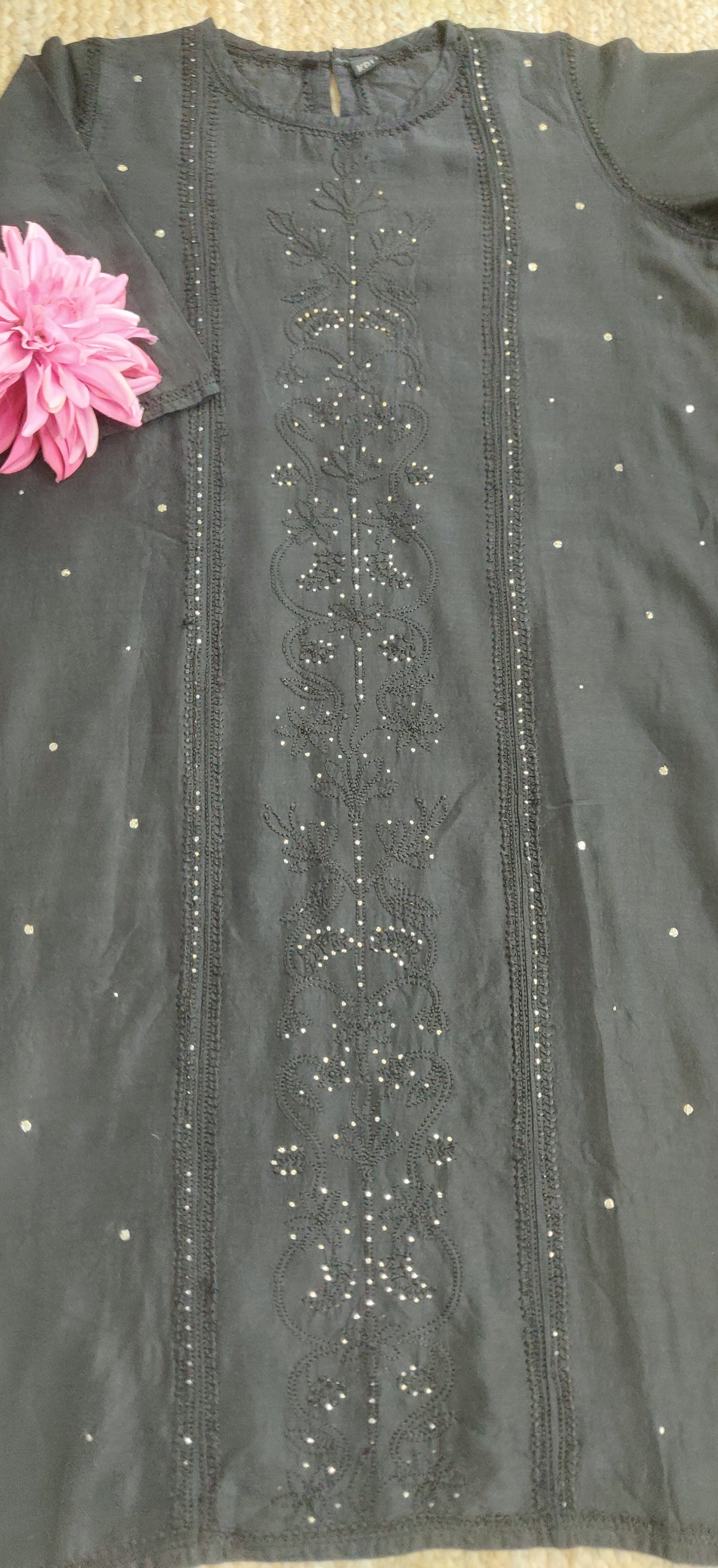 Black A- Line Chanderi Chikankari Kurta