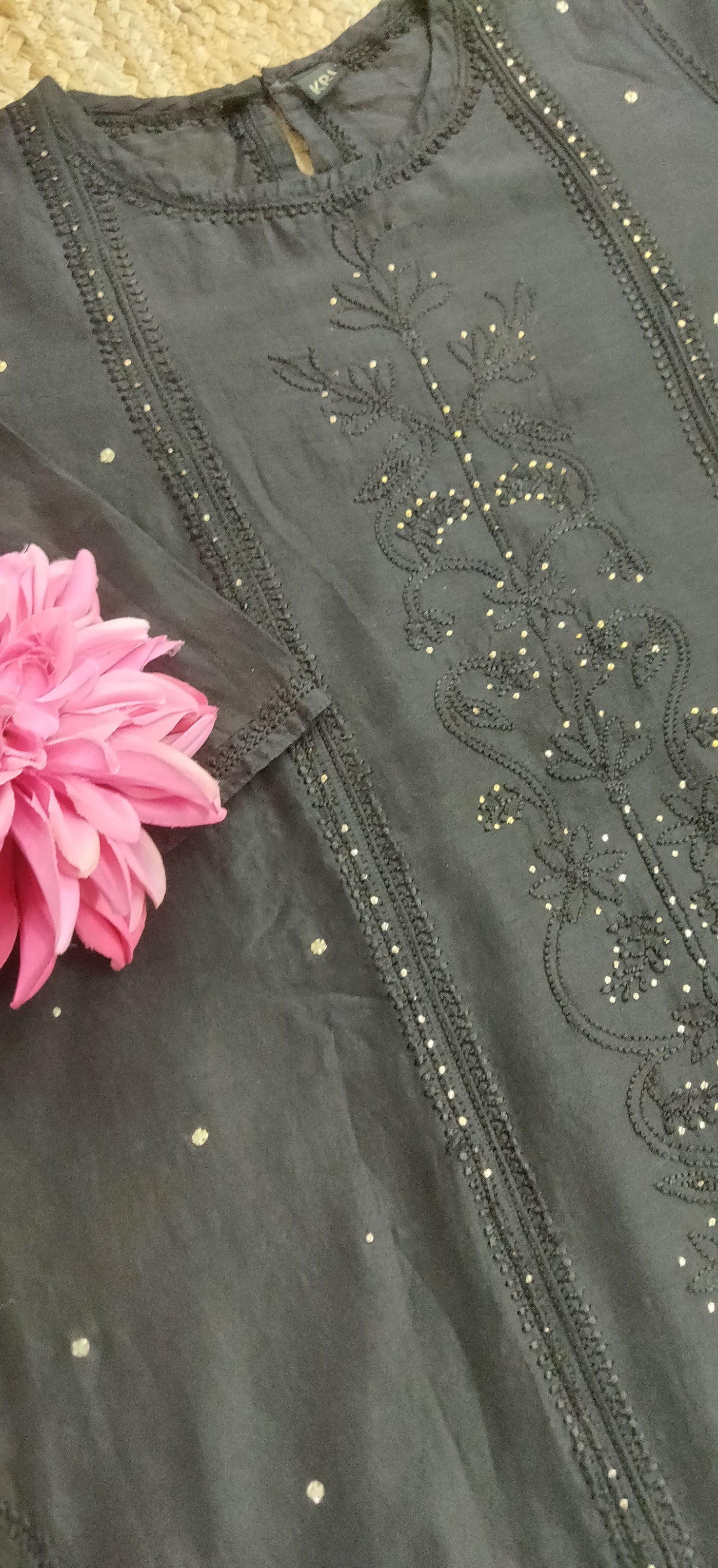 Black A- Line Chanderi Chikankari Kurta