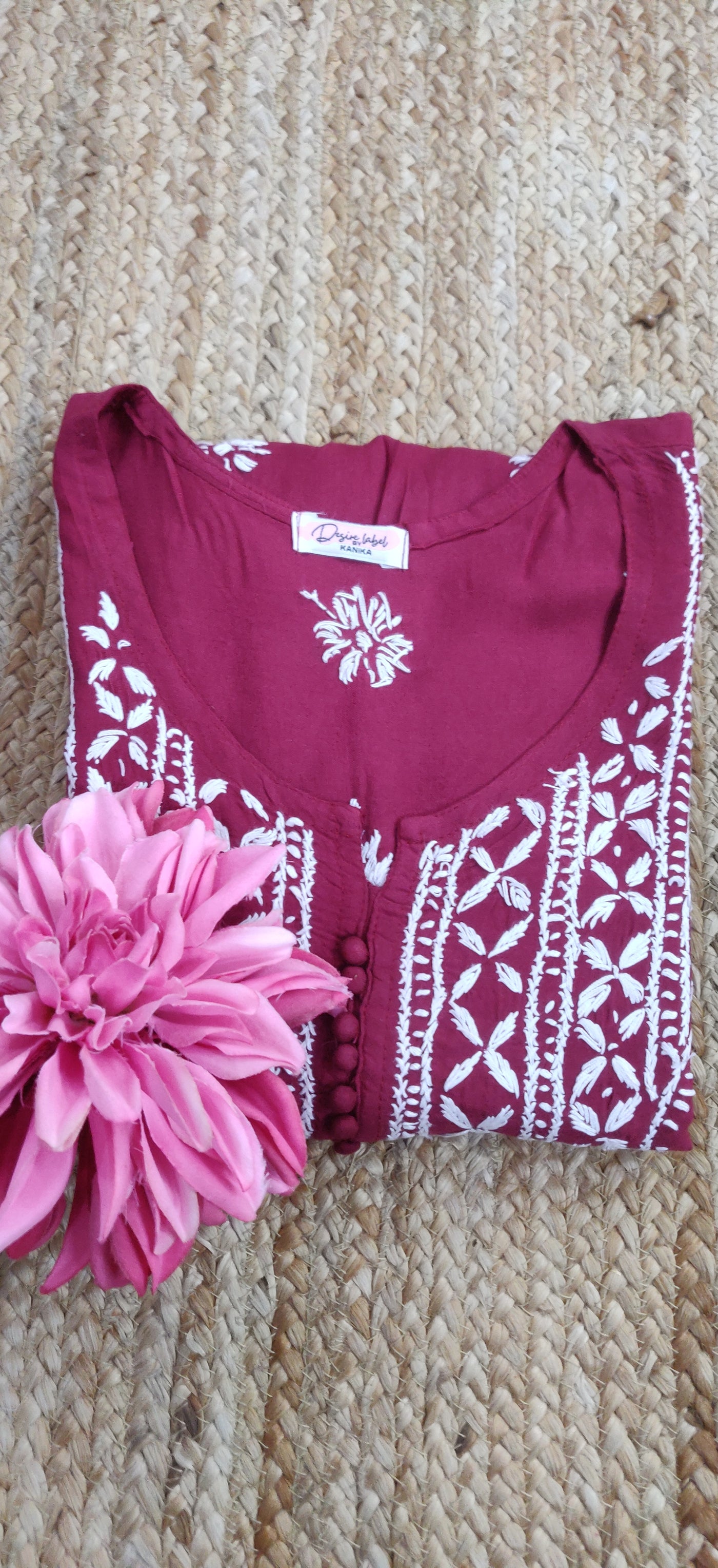 Maroon Rayon Chikankari Short Kurta