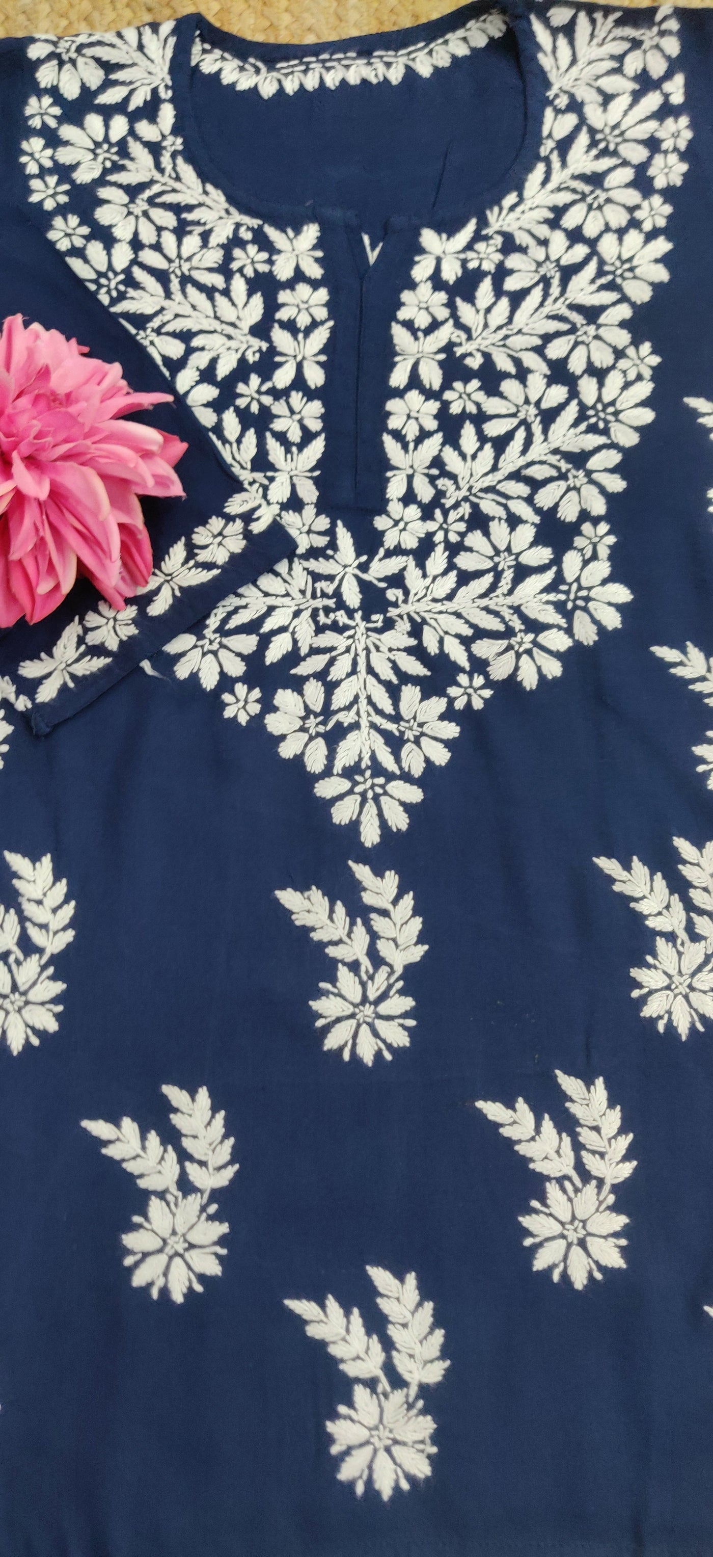 Navy Blue Rayon Chikankari Short Kurta- Custom - Made