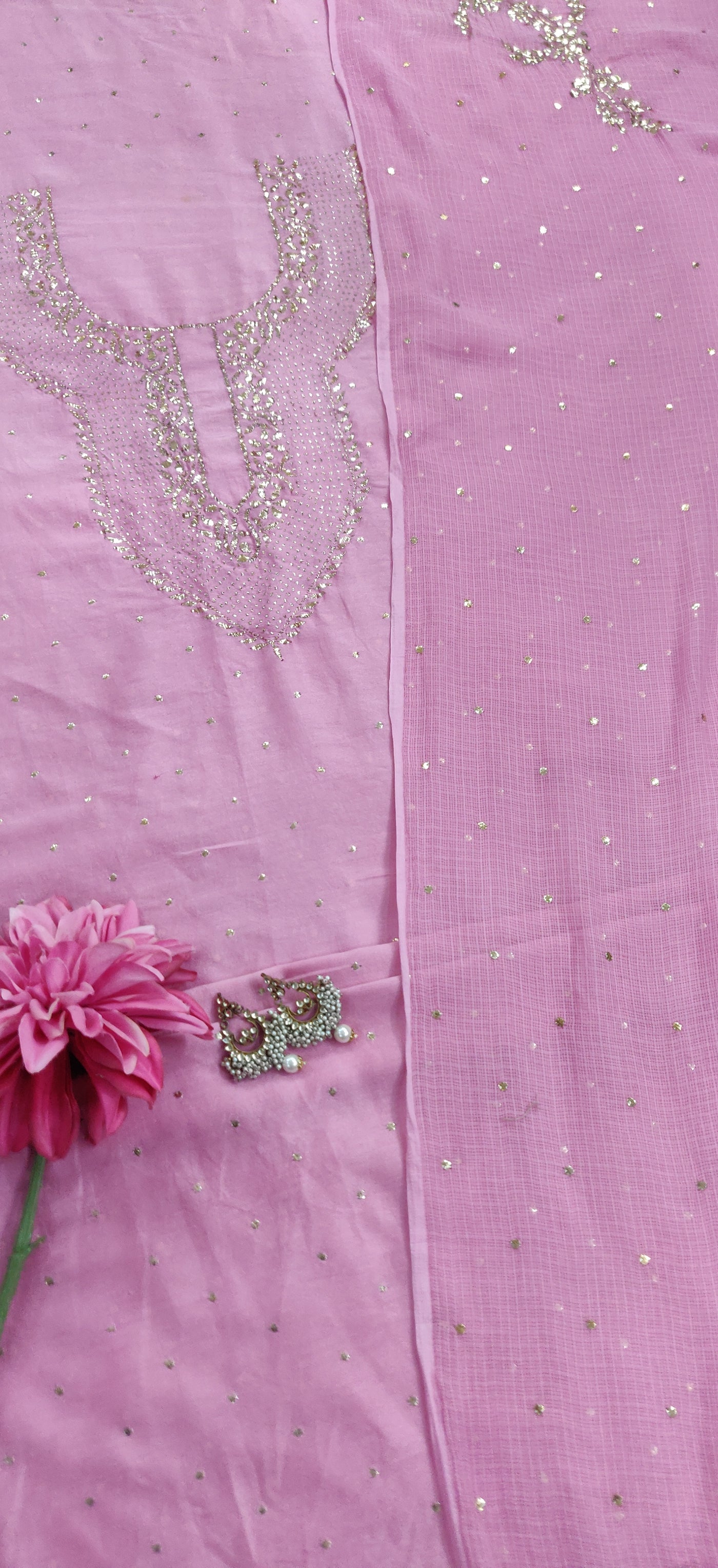 Pink Chanderi Chikankari Kurta Dupatta fabric