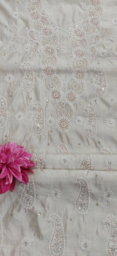 Beige Chanderi Chikankari Kurta Dupatta fabric