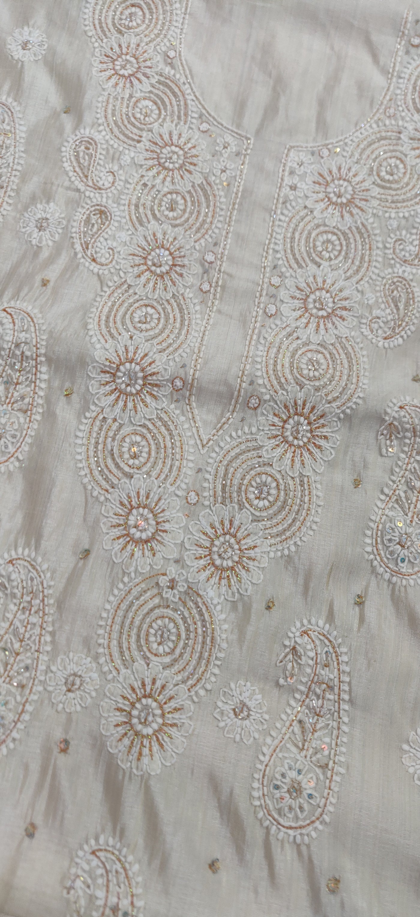 Beige Chanderi Chikankari Kurta Dupatta fabric