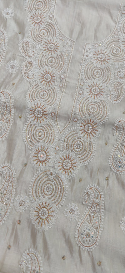 Beige Chanderi Chikankari Kurta Dupatta fabric