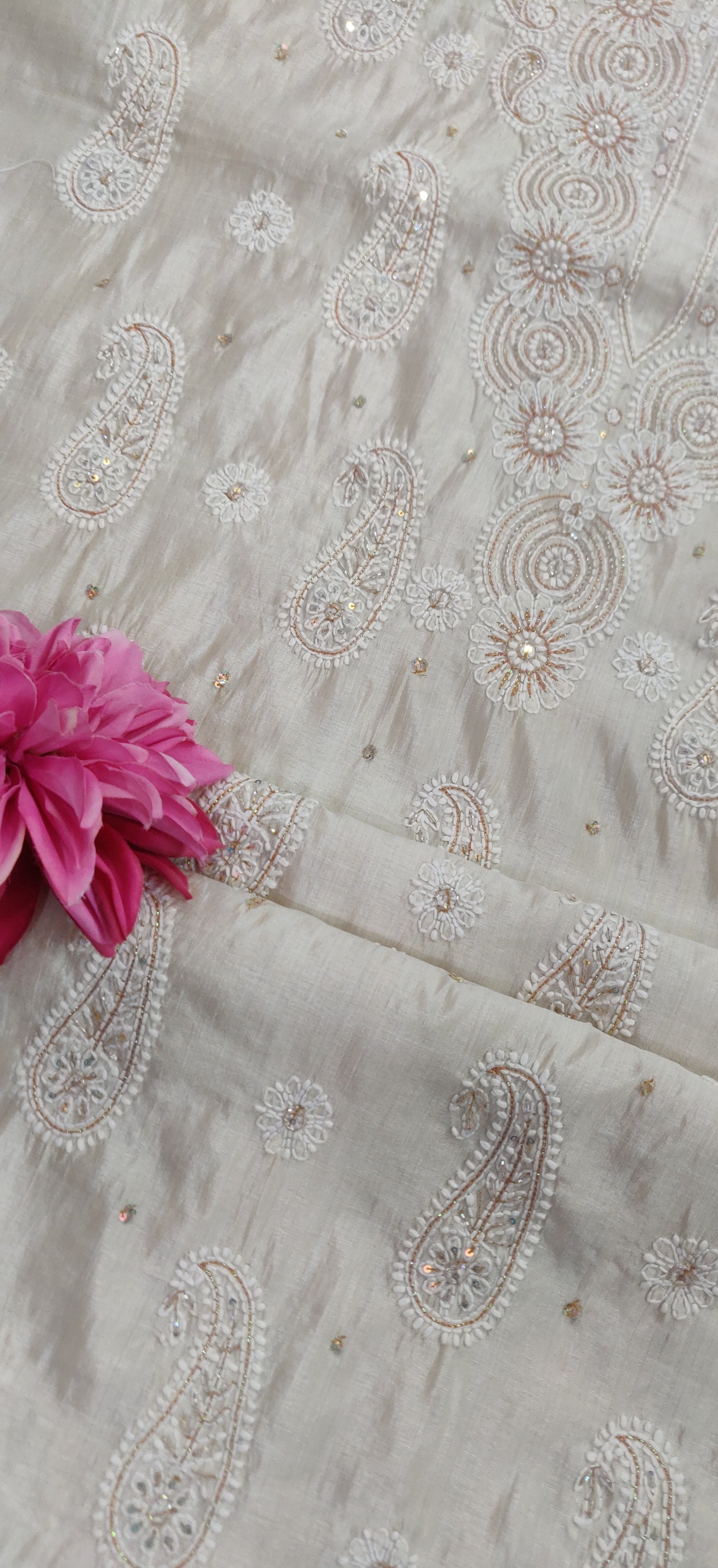 Beige Chanderi Chikankari Kurta Dupatta fabric