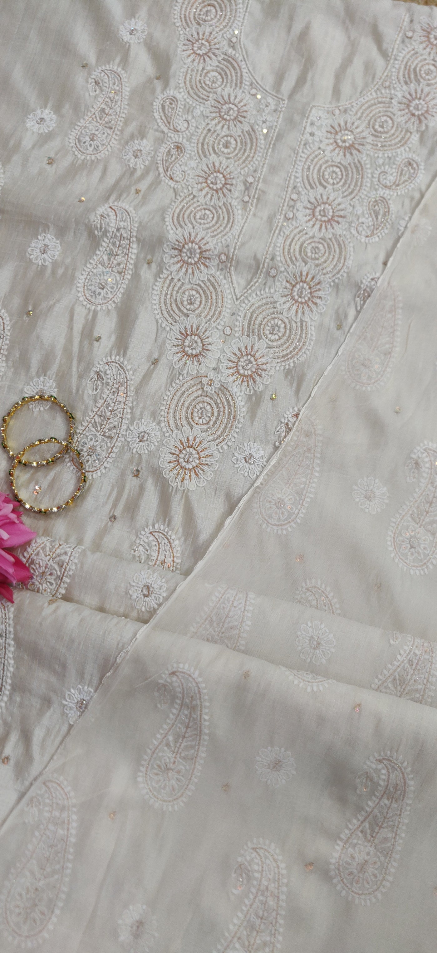 Beige Chanderi Chikankari Kurta Dupatta fabric