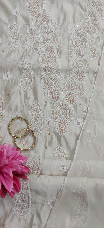 Beige Chanderi Chikankari Kurta Dupatta fabric