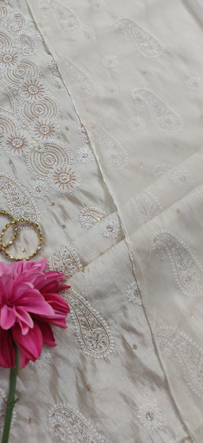 Beige Chanderi Chikankari Kurta Dupatta fabric