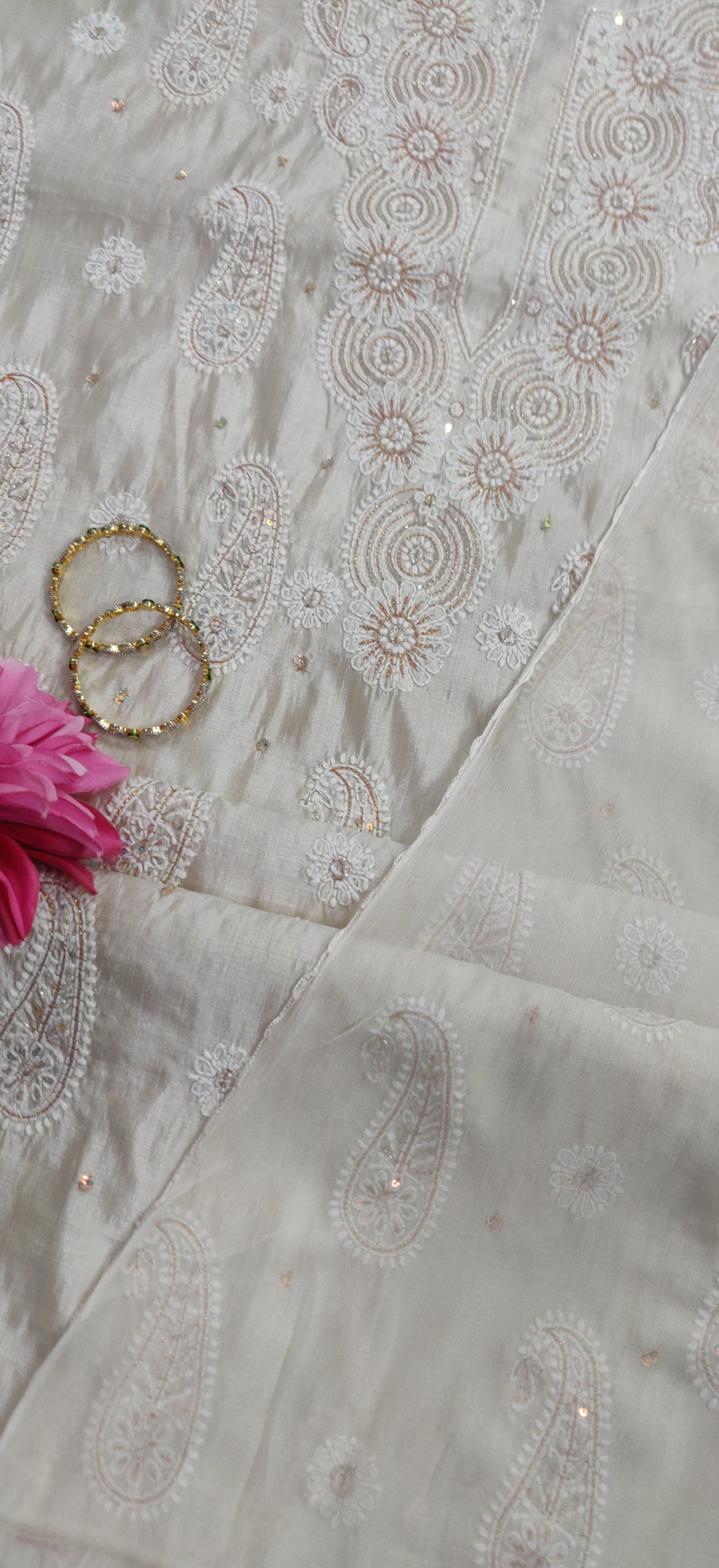 Beige Chanderi Chikankari Kurta Dupatta fabric