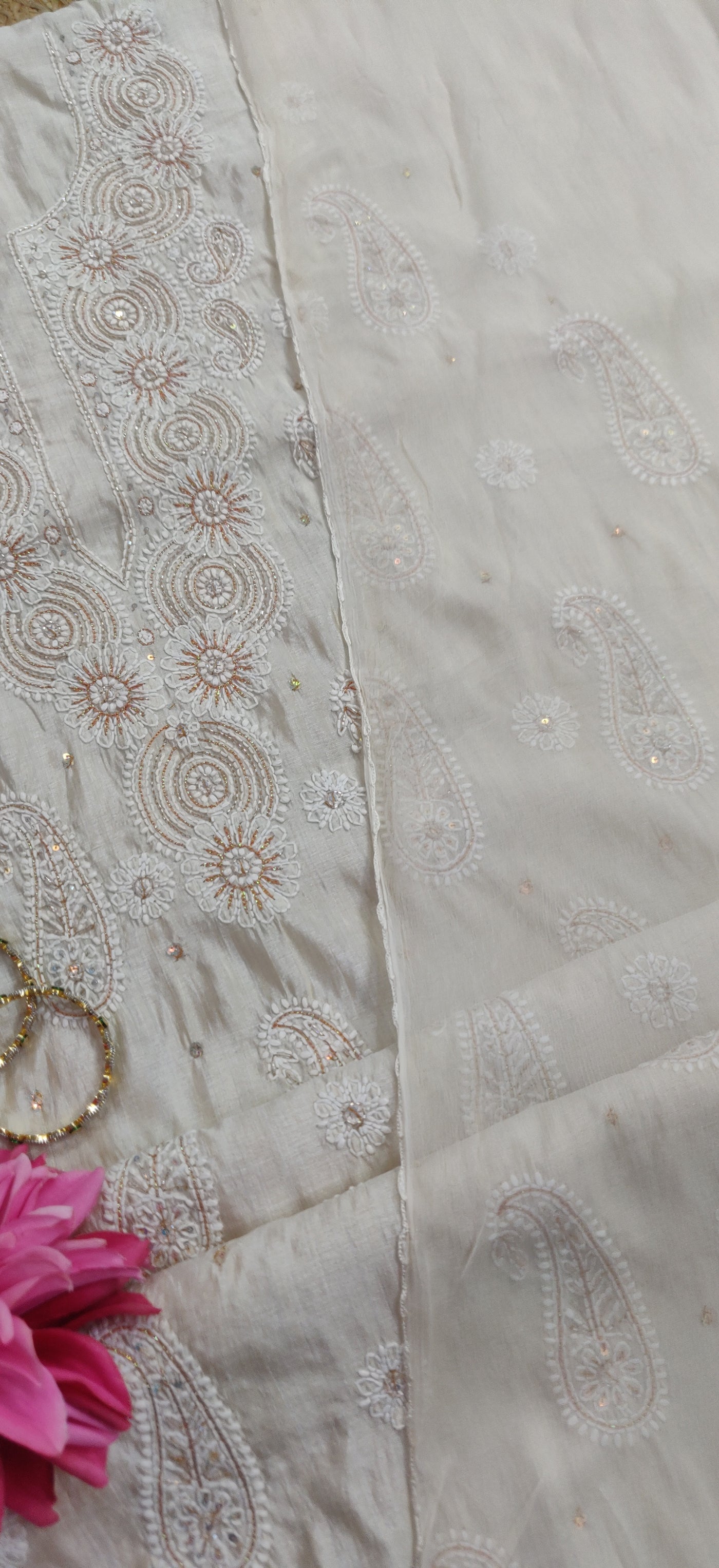 Beige Chanderi Chikankari Kurta Dupatta fabric