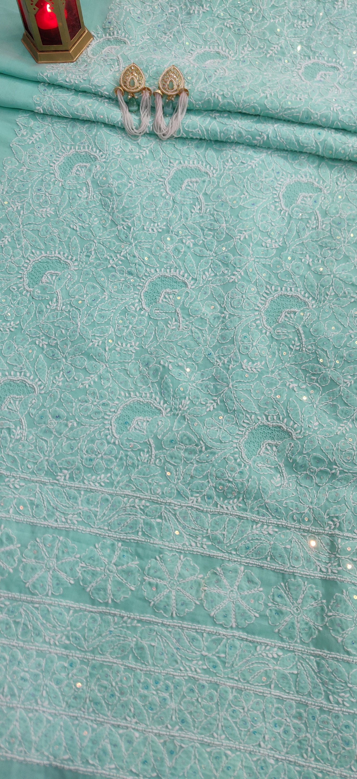 Sea Green Cotton Chikankari Kurta Dupatta fabric