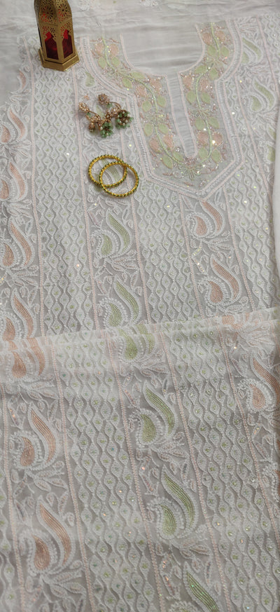 White Pure  Georgette Chikankari Kurta Dupatta fabric