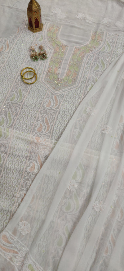 White Pure  Georgette Chikankari Kurta Dupatta fabric