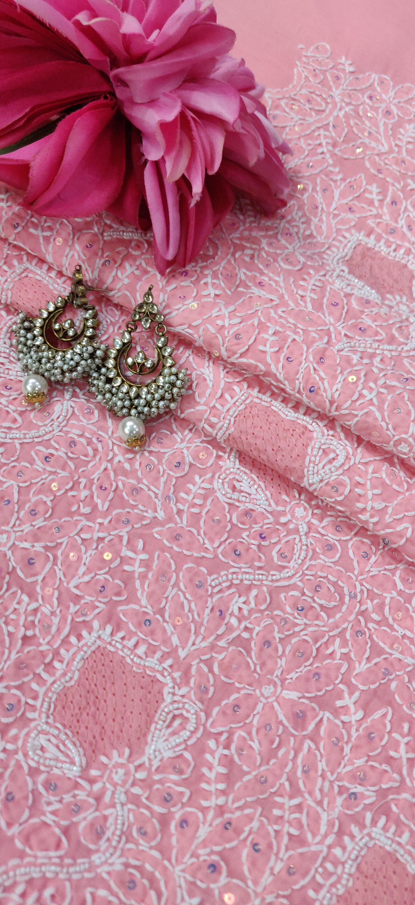 Pink Cotton Chikankari Kurta Dupatta fabric