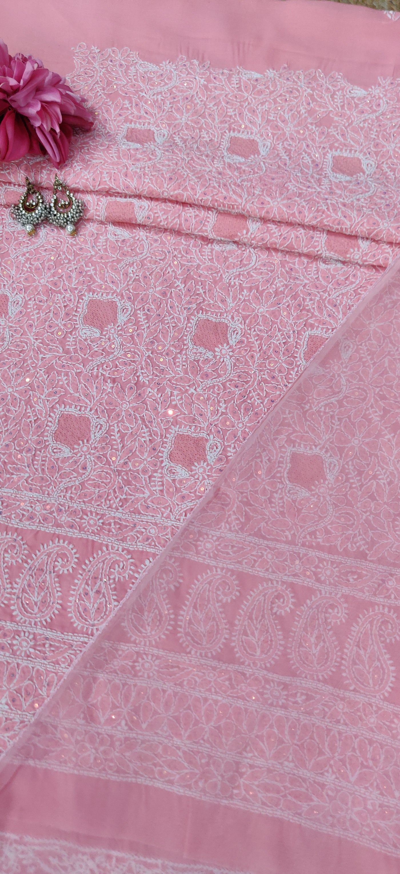 Pink Cotton Chikankari Kurta Dupatta fabric