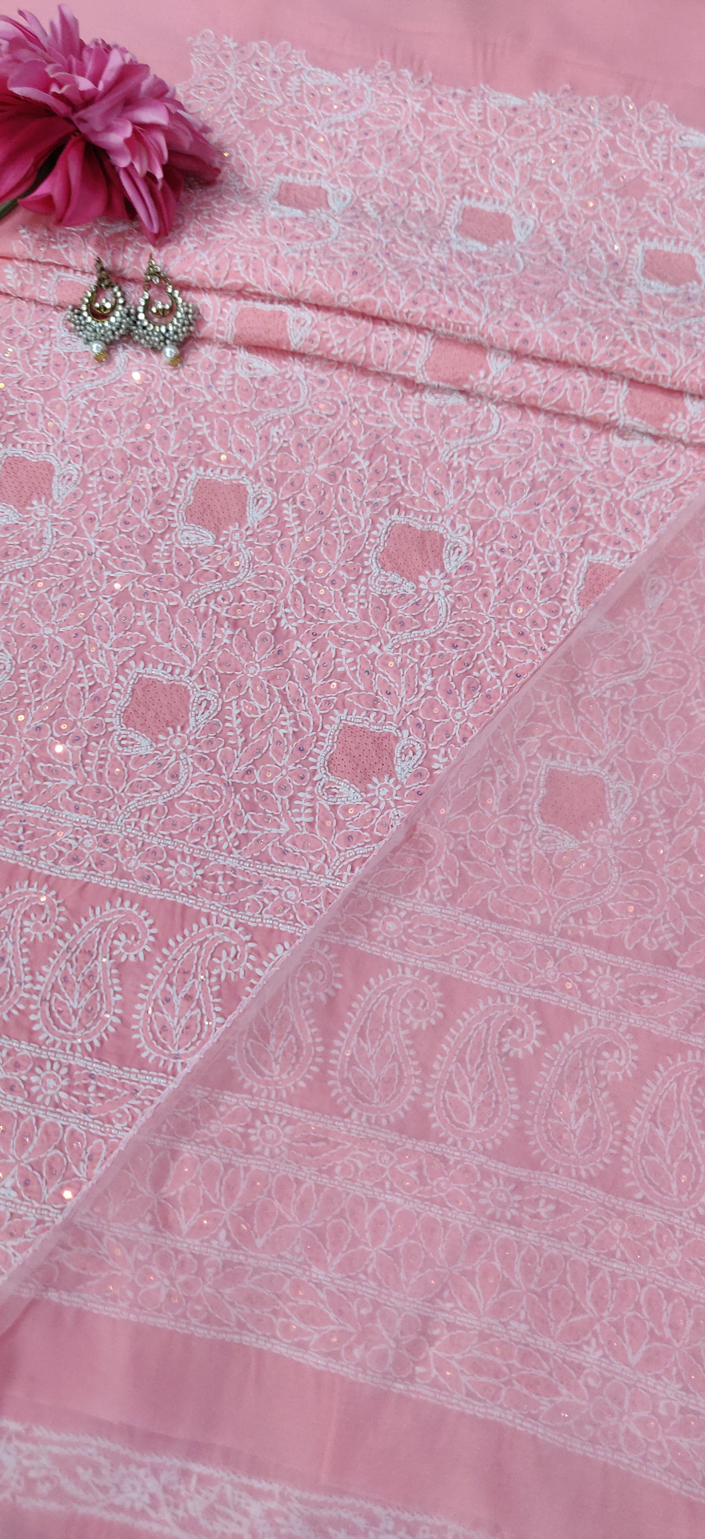 Pink Cotton Chikankari Kurta Dupatta fabric