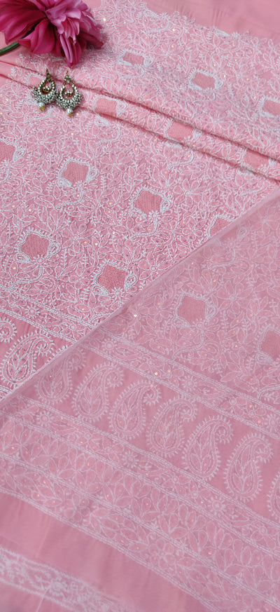 Pink Cotton Chikankari Kurta Dupatta fabric