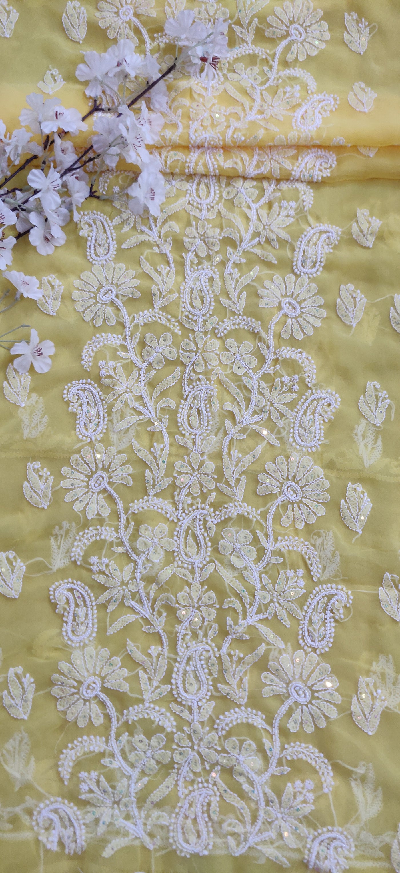 Yellow Georgette Chikankari Kurta Dupatta fabric