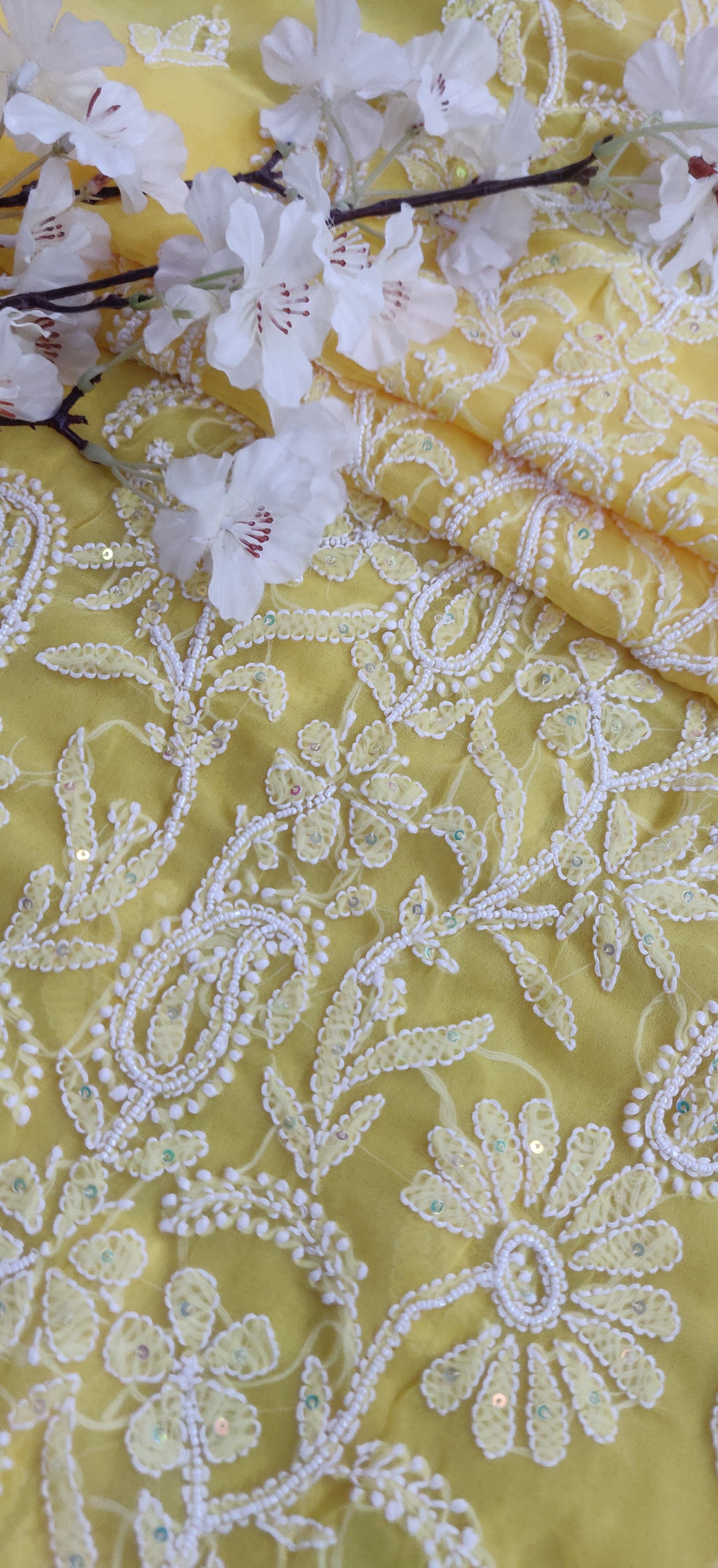 Yellow Georgette Chikankari Kurta Dupatta fabric