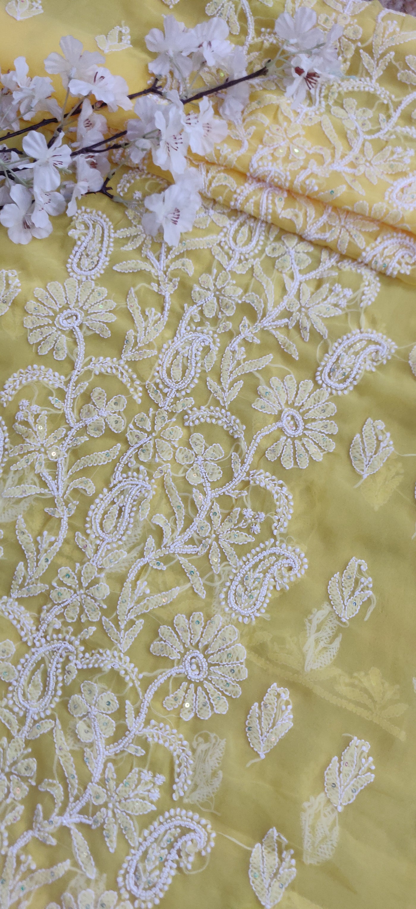 Yellow Georgette Chikankari Kurta Dupatta fabric