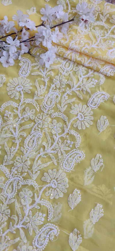 Yellow Georgette Chikankari Kurta Dupatta fabric