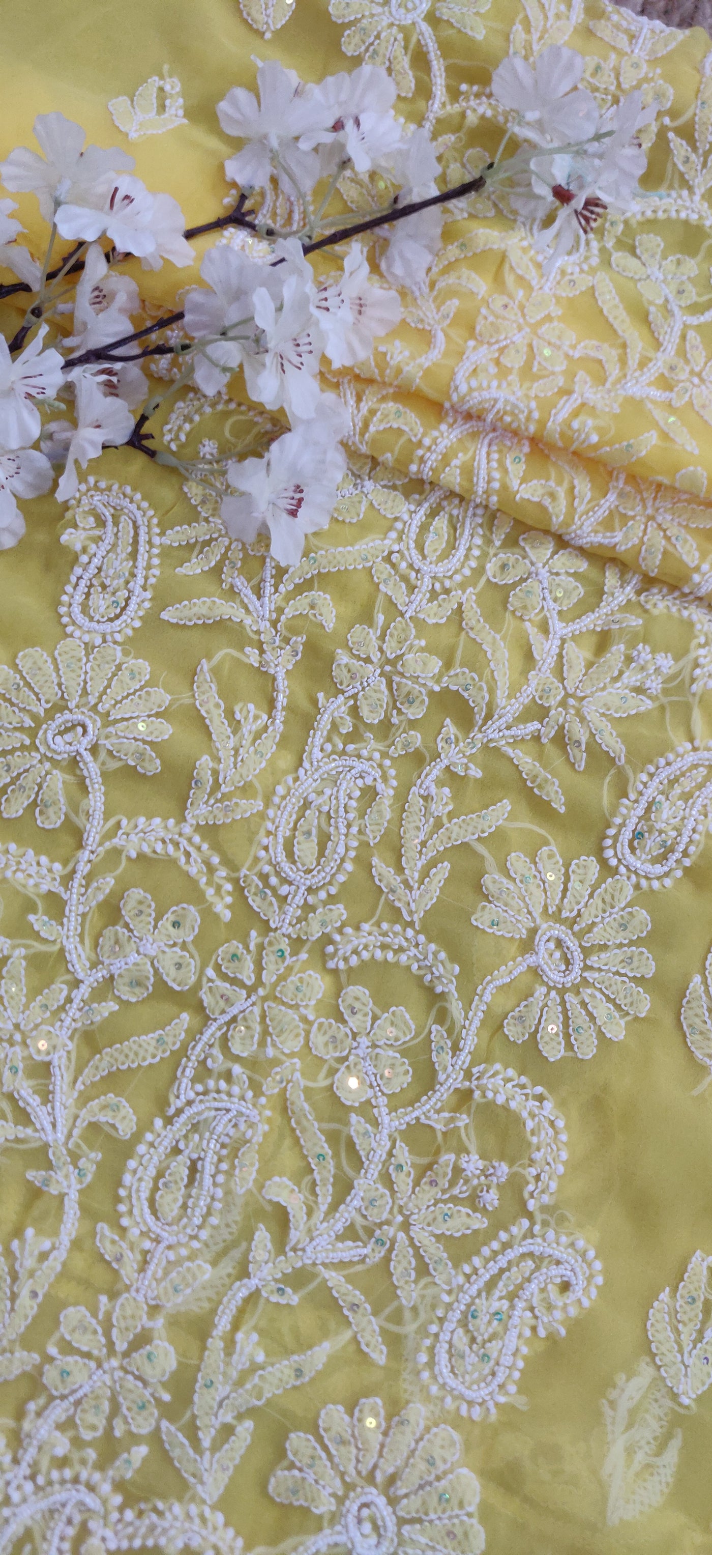 Yellow Georgette Chikankari Kurta Dupatta fabric